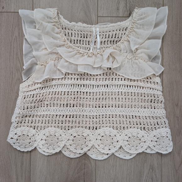 Anthropologie Ruffled Ivory Ruffled Crochet Top - Picture 3 of 10